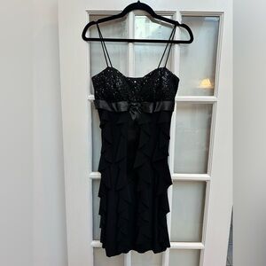 Vintage Cache Y2K Black Sequin Ruffle Spaghetti Strap Dress Prom Formal Size 6